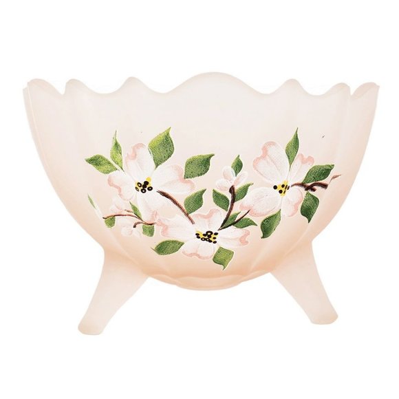 Satin Glass Hand Painted Pink Footed Bowl Scalloped Rim Ribbed Depression VTG - Picture 1 of 6